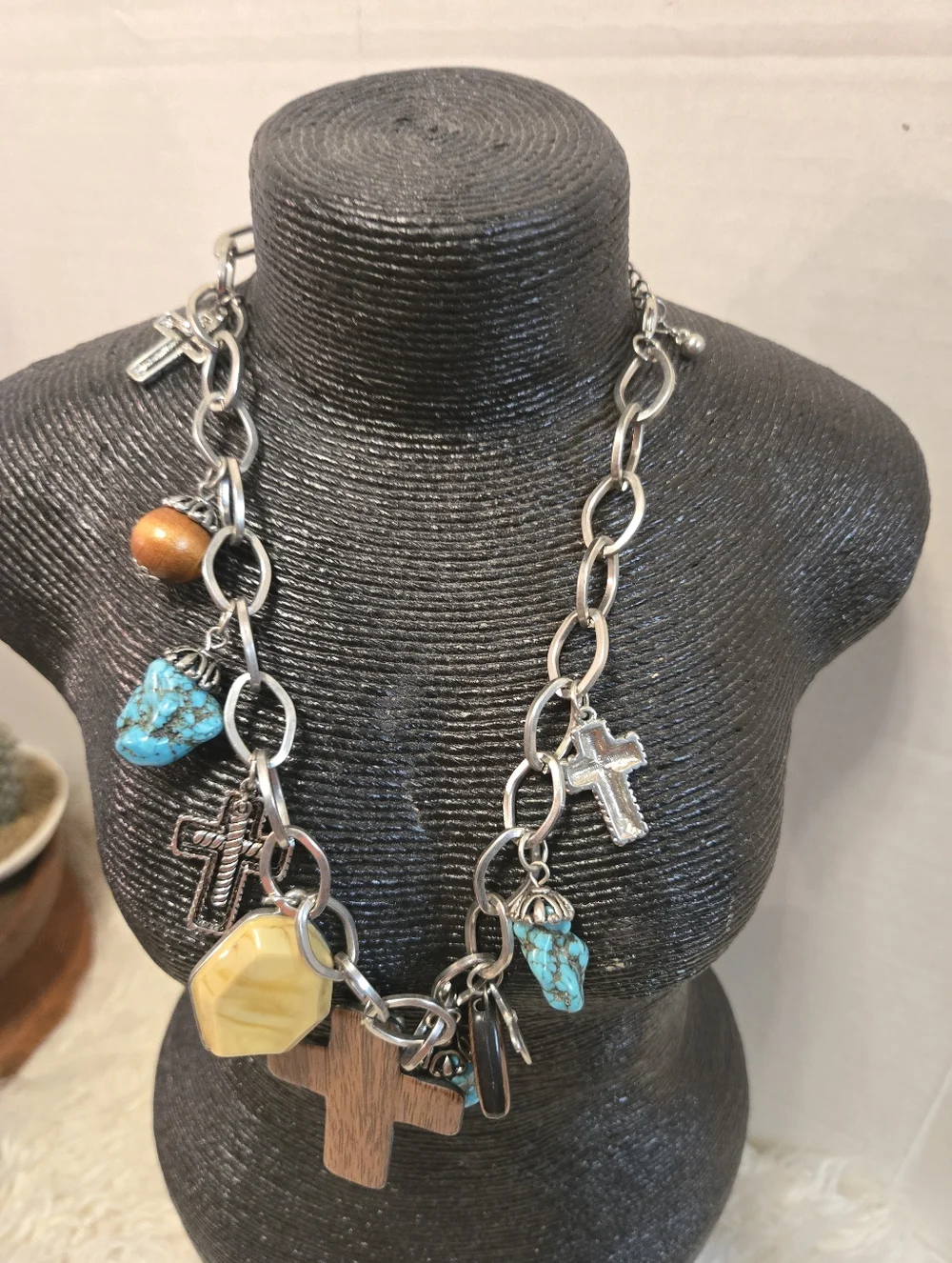 Vintage Turquoise, Wood & Yellow Charm Cross Necklace - Women Jewelry - Picture 3 of 5